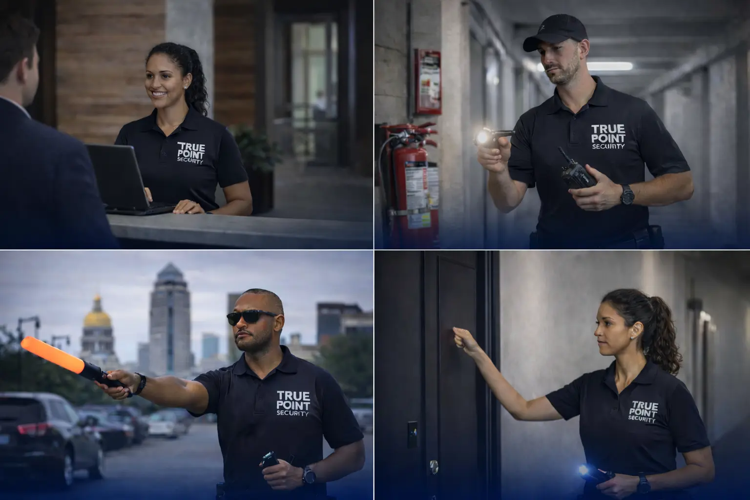 A collage of photos showing a security officer greeting a guest at the front desk, checking a fire extinguisher, directing traffic in Des Moines, and knocking on a door