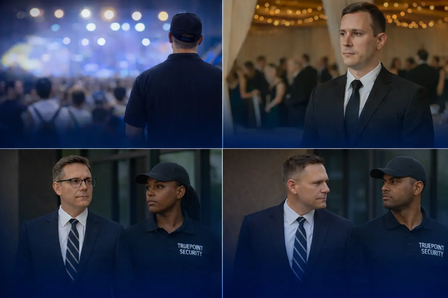 A collage of photos with security guards watching events, including concerts and weddings