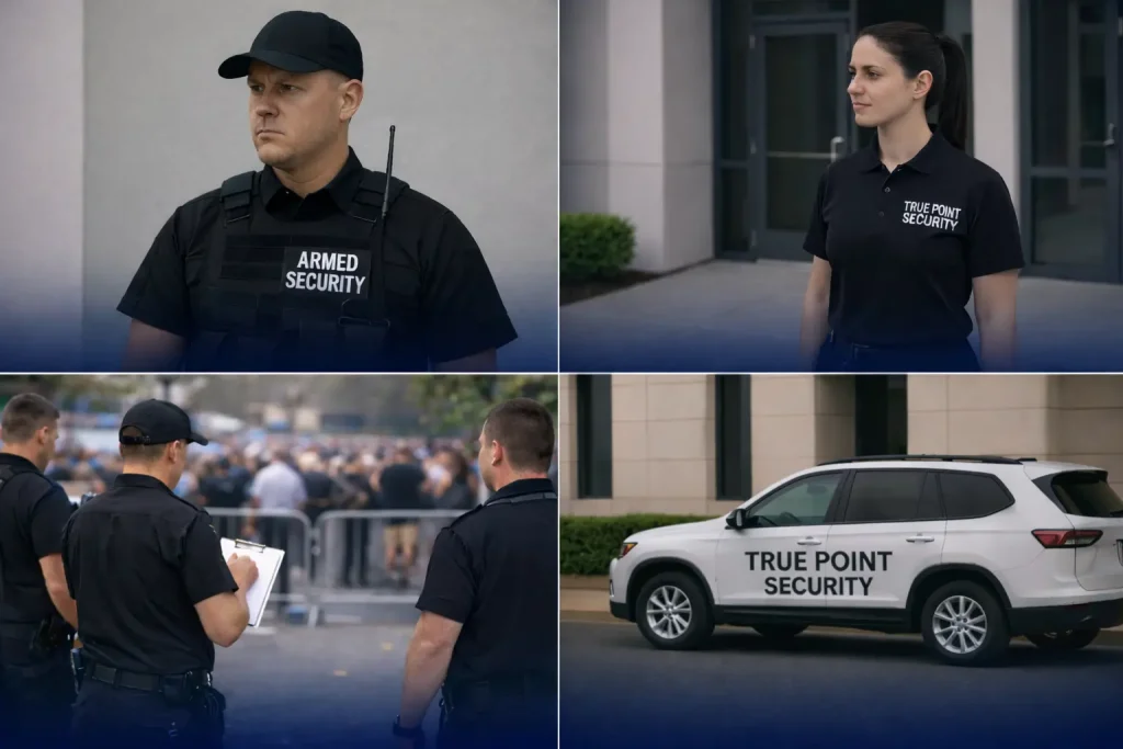 A collage of photos showing security guards making notes and a True Point Security vehicle