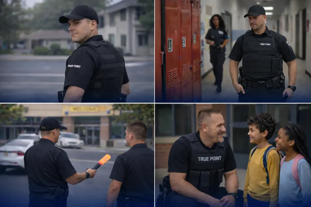 Collage of photos with School Resource Officers (SROs) talking to children, walking through hallways, and guarding entrances