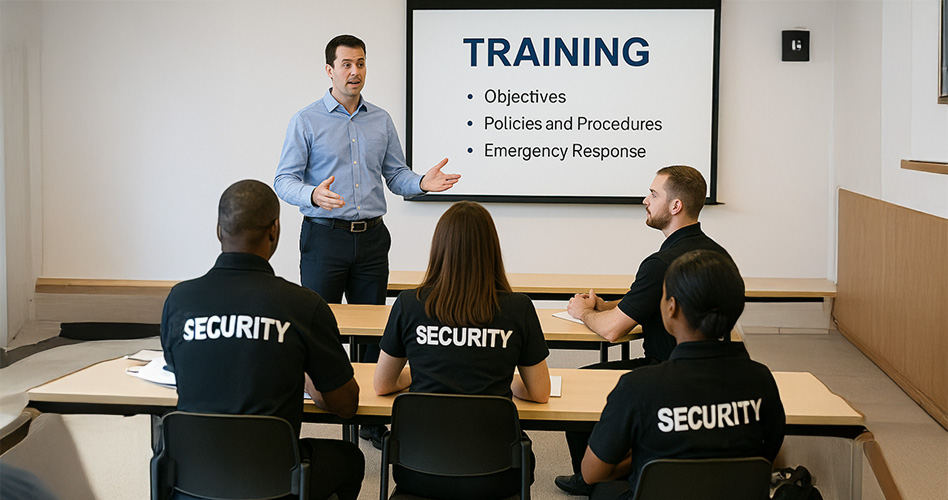 Instructor giving a training presentation to a group of security guards
