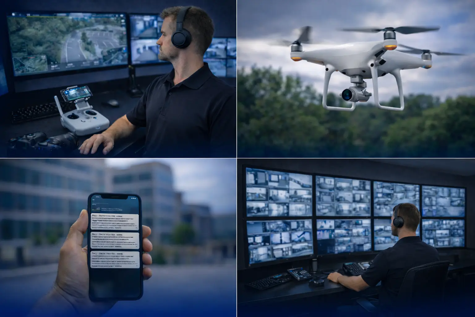 A collage of photos showing a security guard watching live footage, a drone in the air, and a phone with alerts