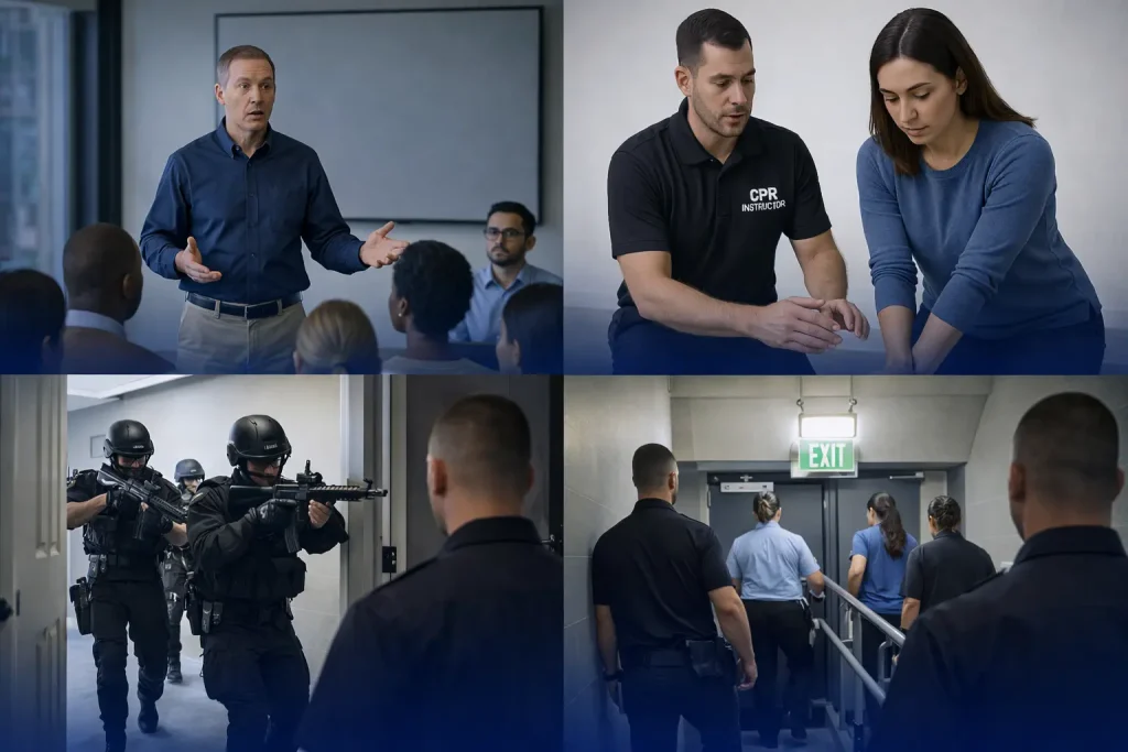 A collage of photos showing security presentations, security guards practicing an armed drill, and exiting a building